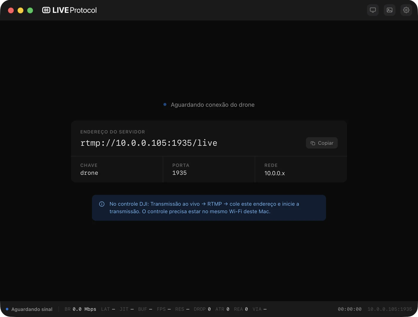 Janela do LiveProtocol aguardando o drone, com o endereço rtmp://10.0.0.105:1935/live, a chave e a porta.